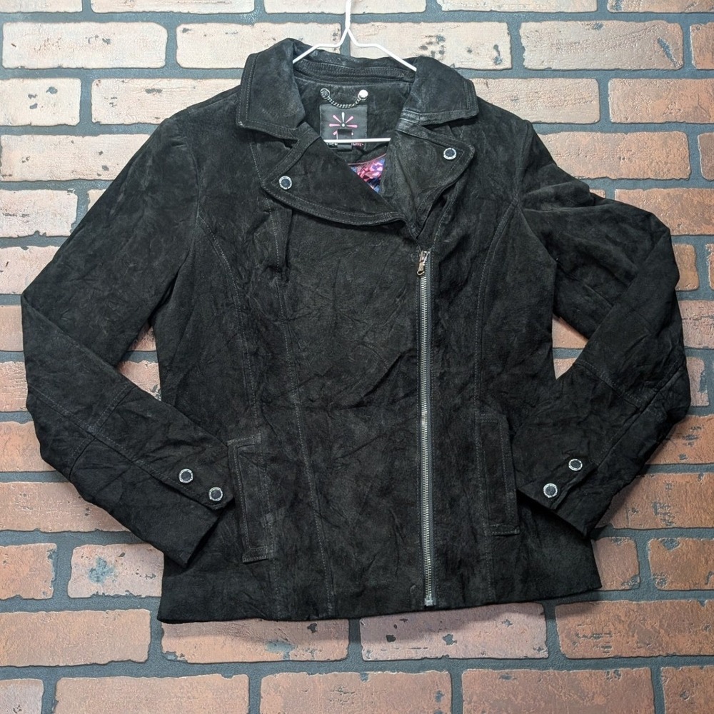 Isaac Mizrahi‎ Live Genuine Black Suede Leather Moto Jacket Asymmetricalic W-6